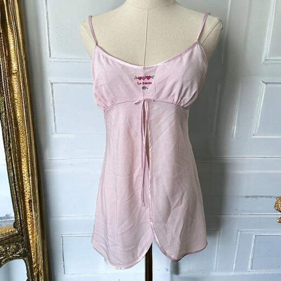 La Senza Y2K  coquette mini slip dress pink polka dot with heart details M - Picture 1 of 5